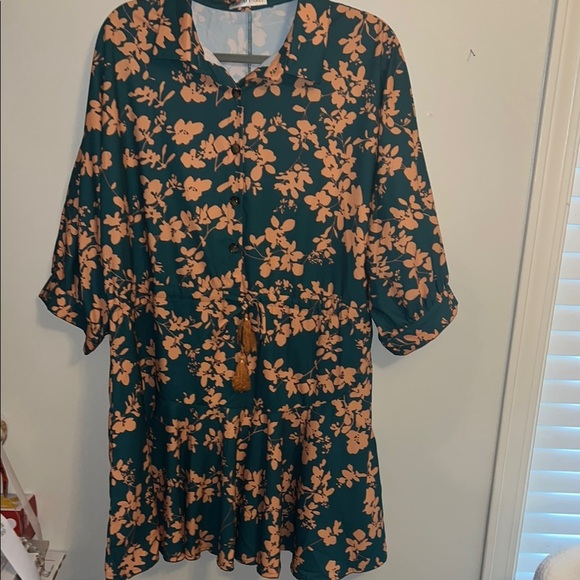 Floral Green and Orange Drop Waist Flowy Peasant Mini Dress - Picture 1 of 7